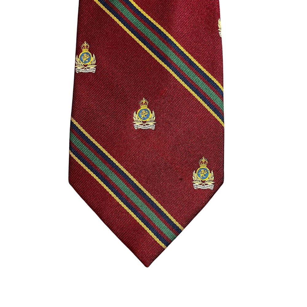 Lands End Mens Silk Necktie Burgundy Crest Repp Stripe Handsewn USA Made